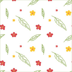 Seamless summer pattern of peach blossoms and leaves. Vector illustration on a white background for decor, print, packaging paper