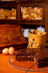 Chocolate cake with egg candy filling.