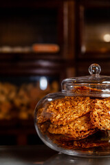 Jar with sweets made with honey and almonds