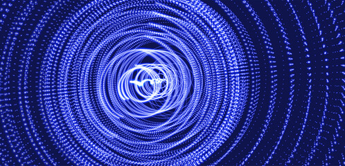 Abstract science or technology background. Array with dynamic particles. Swirl with connected dots and light effect. 3d grid surface. Vector illustration.