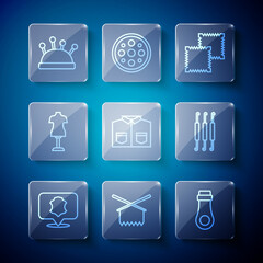 Set line Leather, Knitting needles, Zipper, Textile fabric roll, Shirt, Mannequin, Needle bed and and Crochet hook icon. Vector