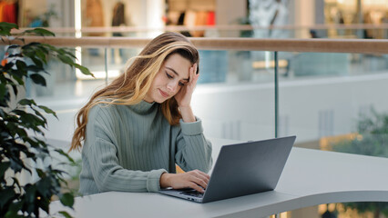 Caucasian business woman receiving refuse letter notice denial from bank problems with work study...