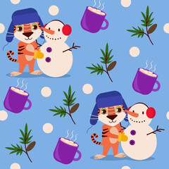 Seamless winter pattern with a cute tiger who made a snowman, a mug of hot cocoa with marshmallows, a fir branch and snowfall. Vector graphic.