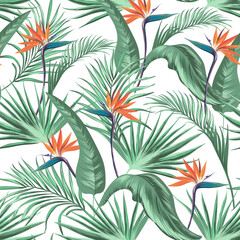 Fototapeta na wymiar Green tropical palm leaves seamless vector pattern on the black background. Trendy summer print. Flower print.