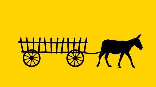 A donkey pulling a cart, animation on the yellow background