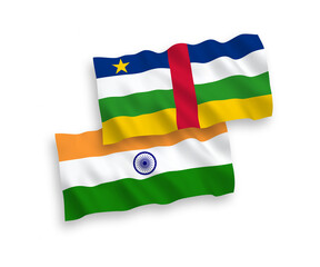 National vector fabric wave flags of India and Central African Republic isolated on white background. 1 to 2 proportion.