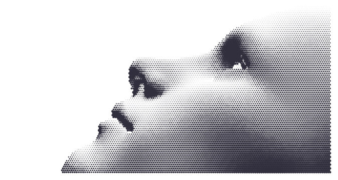 Illustration of an man's face created from small particle. Pixel art. 3D vector design for banner, flyer, poster, cover or brochure.