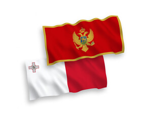 National vector fabric wave flags of Malta and Montenegro isolated on white background. 1 to 2 proportion.