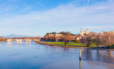 Pont Saint Benezet bridge on the Rhone River  and  Palace of the Popes ( Palais des Papes) and Avignon Cathedral - Avignon city, France 