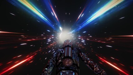 An Astronaut in a spacesuit confidently flying through space and time