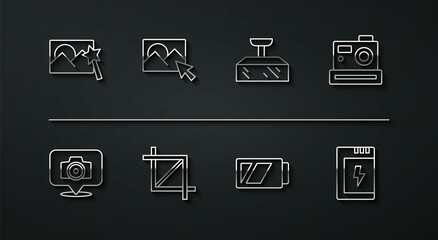 Set line Photo retouching, camera, Battery for, Picture crop photo, and Softbox light icon. Vector