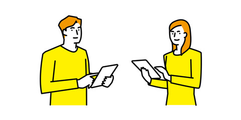 タブレット端末を操作する男性と女性