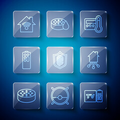 Set line Water sensor, Robot vacuum cleaner, Multimedia and TV box receiver, Thermostat, Fingerprint, Remote control, Smart home with wi-fi and icon. Vector