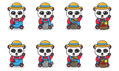 Vector Illustration of Cute Panda with Farmer costume siting and hand up pose. Set of cute smile Panda characters. Flat icons in cartoon style.
