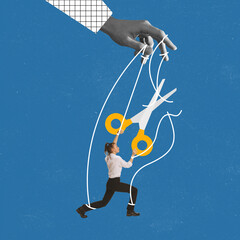 Contemporary art collage. Hand holding strings linked to businesswoman, puppet
