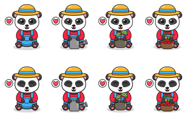 Fototapeta premium Vector Illustration of Cute Panda siting with Farmer costume. Set of cute smile Panda characters. Flat icons in cartoon style.