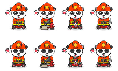 Obraz premium Vector Illustration of Cute Panda siting with Firefighter costume. Set of cute smile Panda characters. Flat icons in cartoon style.