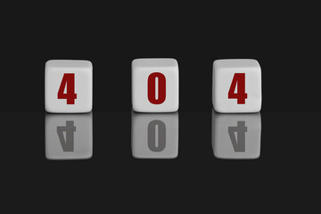 Concept of error 404. Three white cubes on black background with reflection.