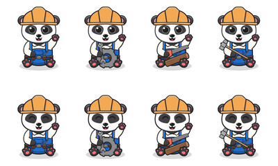 Naklejka premium Vector Illustration of Cute Panda with Handyman costume siting and hand up pose. Set of cute smile Panda characters. Flat icons in cartoon style.