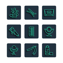 Set line Barbershop chair, Straight razor, Shaving gel foam, Blade, Hairbrush, Electrical clipper, Bottle of shampoo and Round makeup mirror icon. Vector