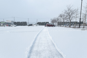 降雪の地方の市役所総合支所駐車場の雪かき