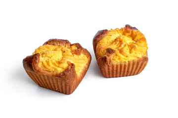 Two cupcakes with cottage cheese on a white background