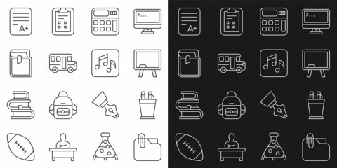 Set line Document folder with clip, Pencil case stationery, Chalkboard, Calculator, School Bus, Book, Exam sheet A plus grade and Music note, tone icon. Vector