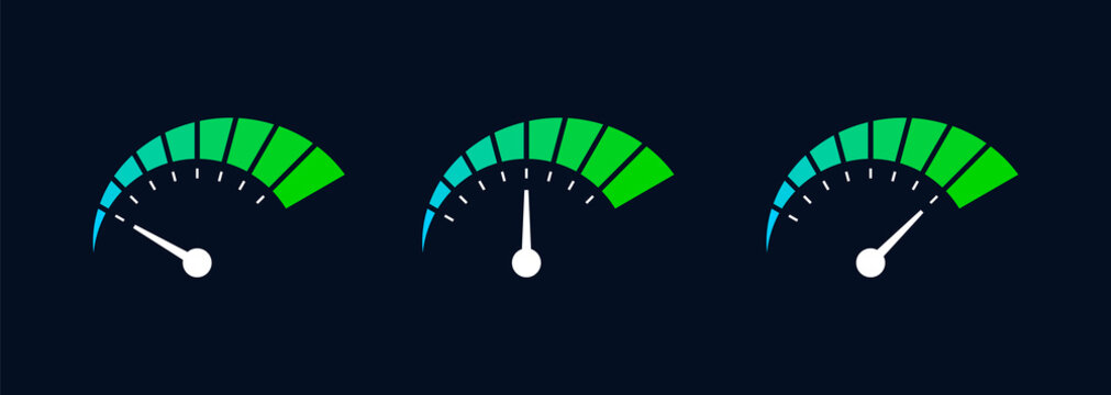 Gauge meter icon set. Low, moderate, high measuring scale. Modern car dashboard. Blue green neon speedometer. Colorful level indicator. Empty or full fuel tank. Vector illustration, flat, clip art. 