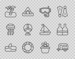 Set line Shark fin in ocean wave, Rv Camping trailer, Diving mask, Rubber swimming ring, Tropical palm tree, Electric fan, Ice bucket and Life jacket icon. Vector