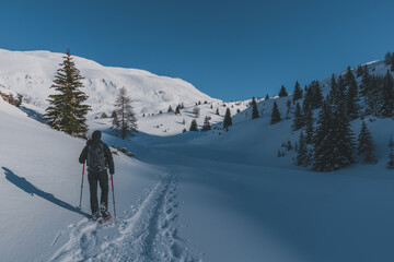 An unrecognizable male hiker wearing snowshoes walking in the French Alps on a cold winter day (L'Enclus, Devoluy, Hautes-Alpes)