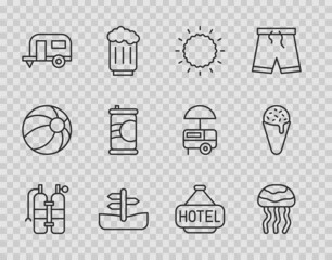 Set line Aqualung, Jellyfish, Sun, Road traffic sign, Rv Camping trailer, Soda can, Signboard with text Hotel and Ice cream waffle cone icon. Vector