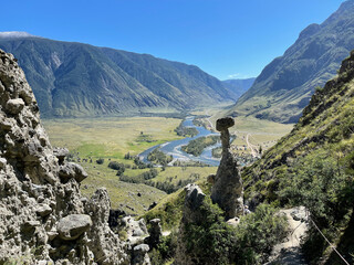 Aerial view of Chulyshman valley and Chulyshman river from Stone Mushrooms, Altai