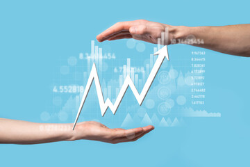 Businessman hold sales data and economic growth graph chart. Business planning and strategy. Analysing trading of exchange. Financial and banking. Technology digital marketing.Profit and growing plan.