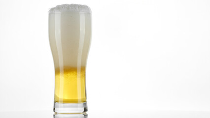 Glass of beer with foam on white background. Foam in a glass of beer