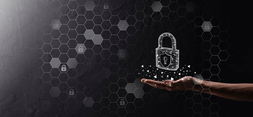 Cyber security network. Padlock icon and internet technology networking. Businessman protecting data personal information on tablet and virtual interface. Data protection privacy concept. GDPR. EU.