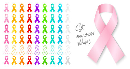 Big set awareness ribbon. Pink ribbon with shadow Symbol of breast cancer awareness month in october. Template for poster.