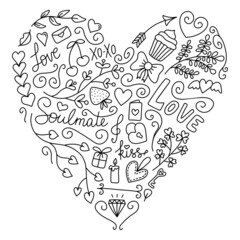 Vector doodle heart shape clipart black lineart