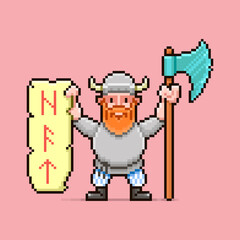 colorful simple flat pixel art illustration of cartoon viking with a big axe and parchment with Scandinavian runes NFT in his hands
