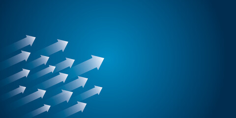White arrow group with light on blue background, Business target or goal success, team, teamwork, leader and winner concept, space for the text, design style.