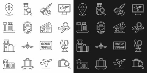 Set line Lost baggage, Airplane seat, search, No scissors, window, Scale with suitcase, Plane and Airline ticket icon. Vector