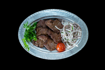 Turkish Leaf Liver Yaprak Ciğer. Traditional Turkish Liver kebab cuisine. Leaf Liver spicy. Delicious turkish ciger.    