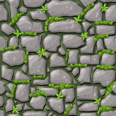 gray stones covered with moss seamless pattern. endless background of brick wall, rocks or cobblestones with grass. mossy masonry wall or floor in cave, dungeon. cartoon illustration for game design
