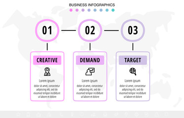 Vector hand-drawn infographics with 3 circles and rectangles. Modern concept graphic process template with three steps and symbols. Sketch timeline for the business project on white background