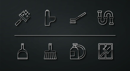 Set line Rubber cleaner for windows, Dustpan, Industry metallic pipe, Dishwashing liquid bottle, Handle broom, Toilet bowl, and Brush cleaning icon. Vector