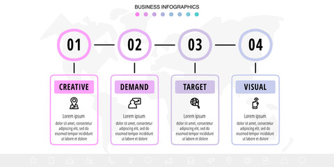 Vector hand-drawn infographics with 4 circles and rectangles. Modern concept graphic process template with four steps and symbols. Sketch timeline for the business project on white background