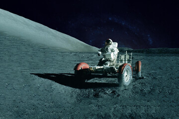 Astronaut near the moon rover on the moon. With land on the horizon. Elements of this image were...