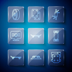 Set line Skateboard, stairs with rail, Knee pads, Tool allen keys, wheel, ball bearing and Longboard or skateboard icon. Vector