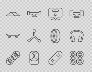 Set line Broken skateboard, Skateboard wheel, T tool, Baseball cap, park, Y-tool, and Headphones icon. Vector - obrazy, fototapety, plakaty