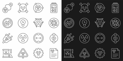 Set line Radiation warning document, Atom, Radioactive, Light bulb with concept of idea, Molecule, exchange energy and Biohazard symbol icon. Vector