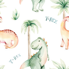 Watercolor nursery Dinosaur seamless pattern Tyrannosaurus Rex decorated with green prehistoric plants. Hand painted dinosaurs. Predator jurassic age fabric, digital paper © kris_art